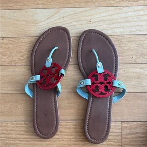 Tory Burch Red and Brown Sandals with Blue Accents